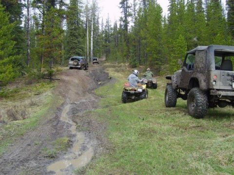 1995 Ford Bronco - Multiple off-road vehicles navigate a muddy path through a dense forest.