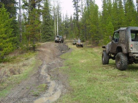 1995 Ford Bronco - Several off-road vehicles, including ATVs and SUVs, navigate a muddy trail through a wooded area.