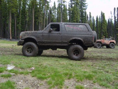 1995 Ford Bronco - Two off-road vehicles, a Bronco and a Jeep, are covered in mud after driving through a wooded area.