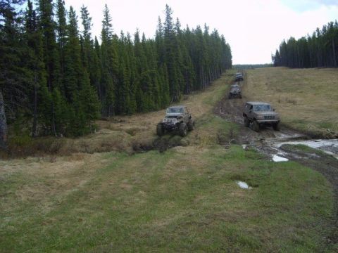 1995 Ford Bronco - Multiple SUVs navigate a challenging muddy trail through a wooded area.