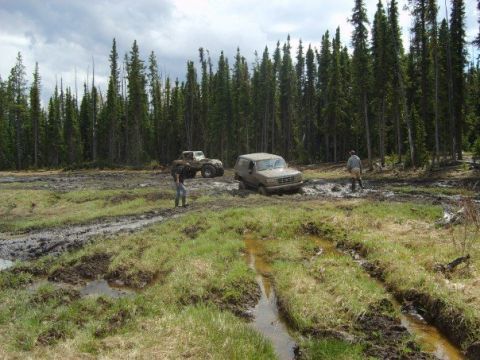 1995 Ford Bronco - Off-road vehicles struggle in muddy terrain near a dense forest.