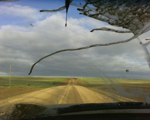 1989 Ford Bronco - The view from inside a vehicle shows a dirt road disappearing into the distance, obscured by a dirty windshield.