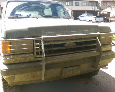 1989 Ford Bronco - Front view of a 1987 Ford F-Series truck, showing its grille and brush guard. A second truck is parked behind it.