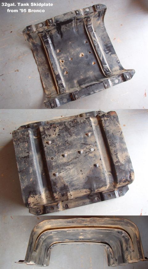 Worn 32-gallon fuel tank skid plate from a 1995 Ford Bronco, three views