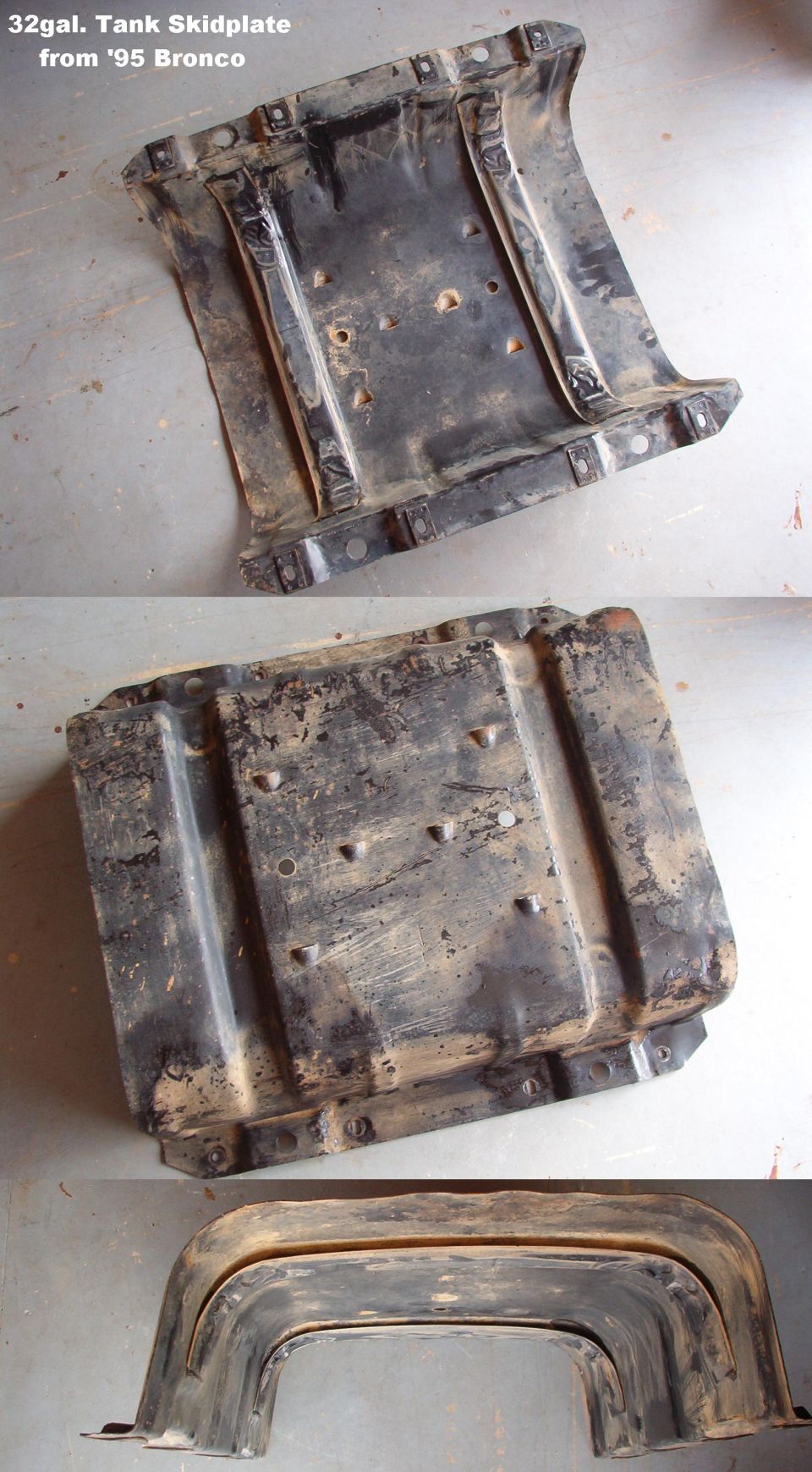 Worn 32-gallon fuel tank skid plate from a 1995 Ford Bronco, three views