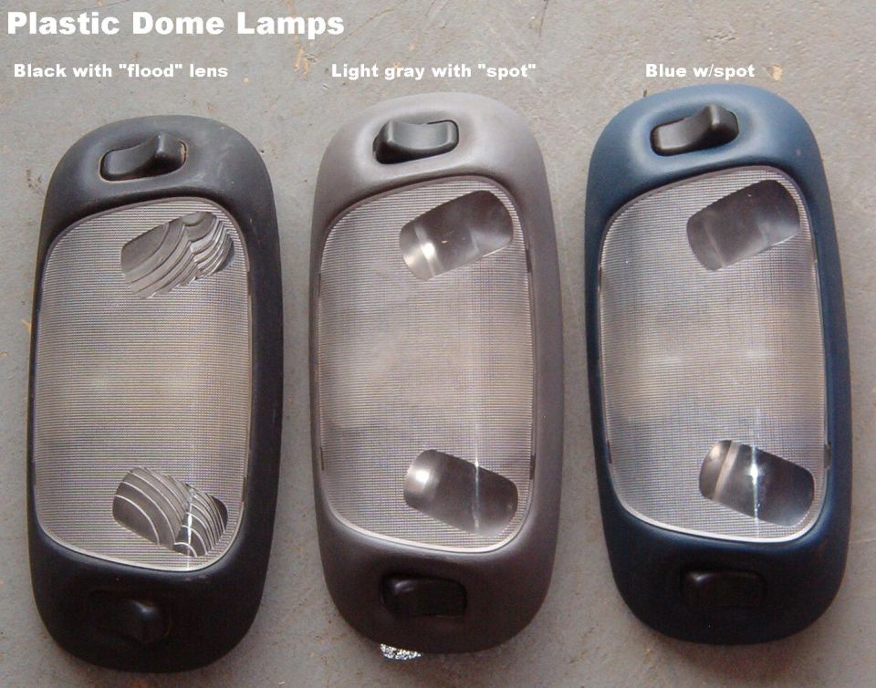 Three plastic dome lamp housings compared: black, gray and blue