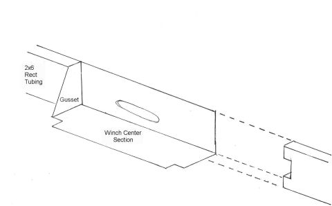 1993 Ford Bronco - Technical drawing shows a winch center section, gusset, and 2x6 tubing construction.