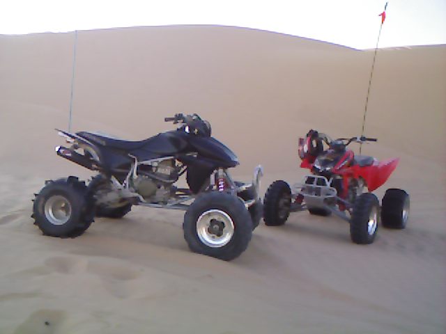 Black and red sport ATVs parked on sand dunes