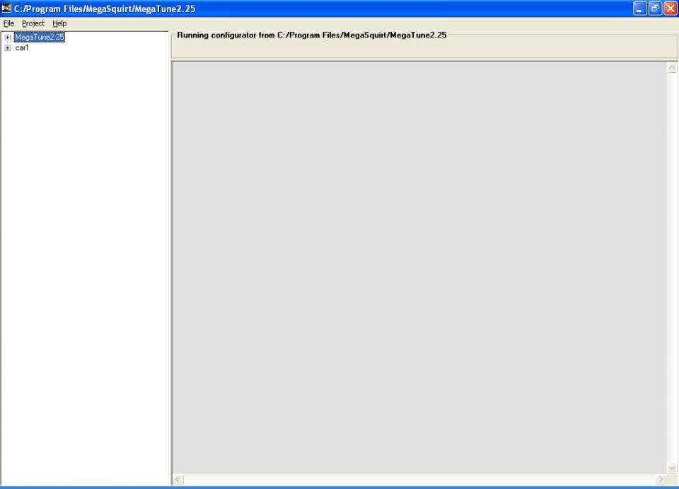 Computer screen showing MegaTune 2.25 software. Left pane lists MegaTune2.25 and car1