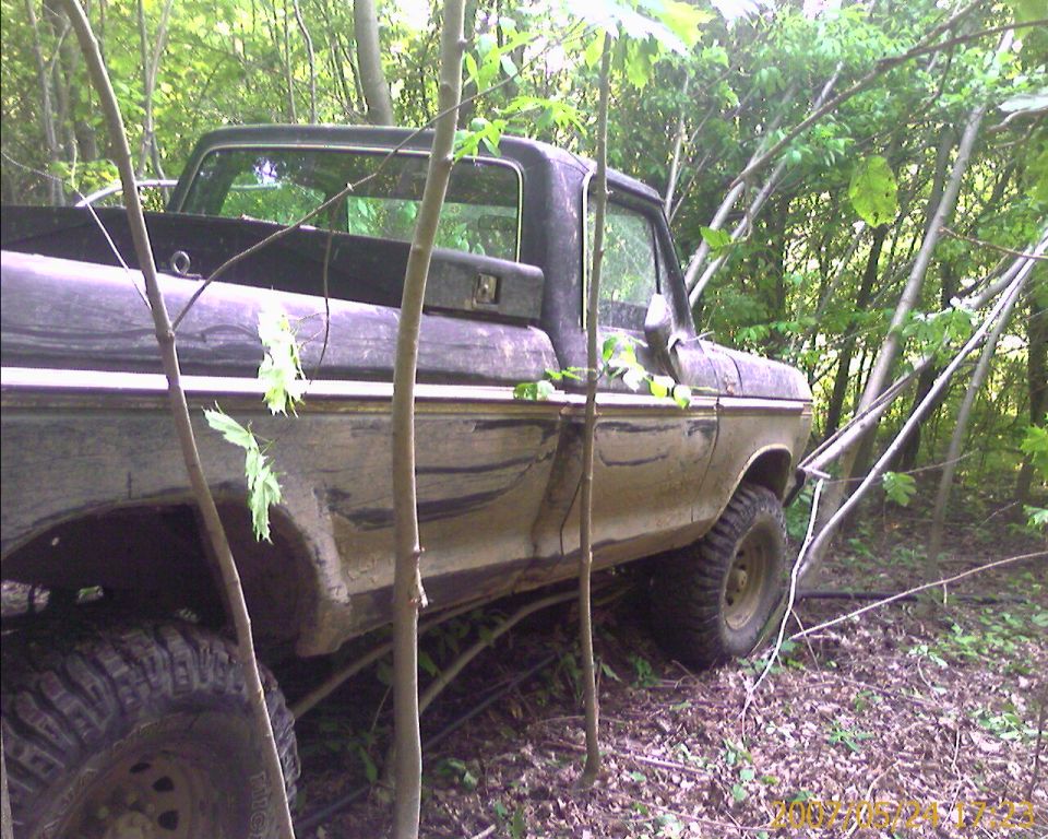 1979 Ford F-250 truck parked off-road in a wooded area, partially obscured by trees
