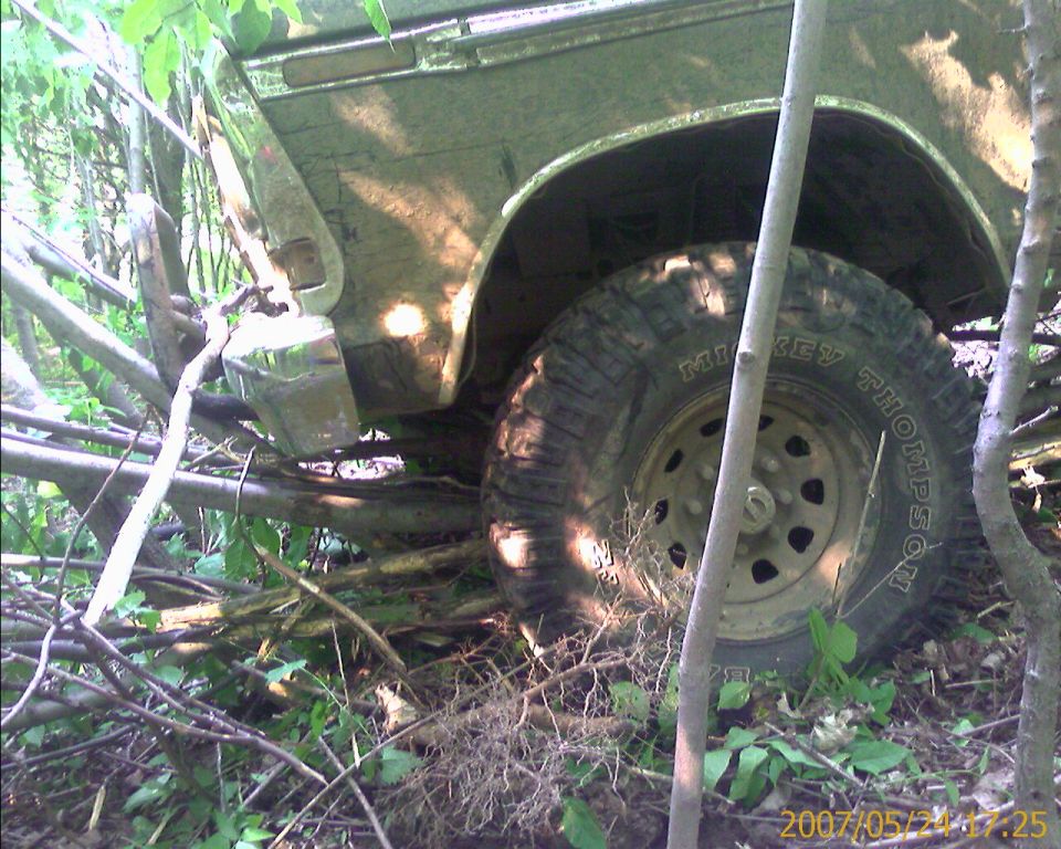 Truck stuck in trees, showing front fender and large tire. Text on tire reads MICKEY THOMPSON