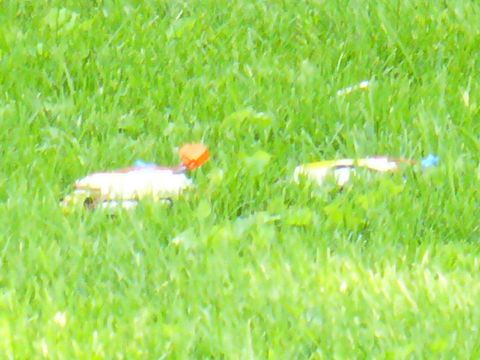 1991 Ford Probe - Two toy cars are partially obscured by tall grass, with one a bright orange element on its rear.