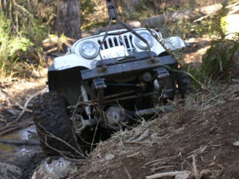 1979 Ford Bronco - A white Jeep CJ is stuck in a muddy, wooded area, being pulled by a winch.