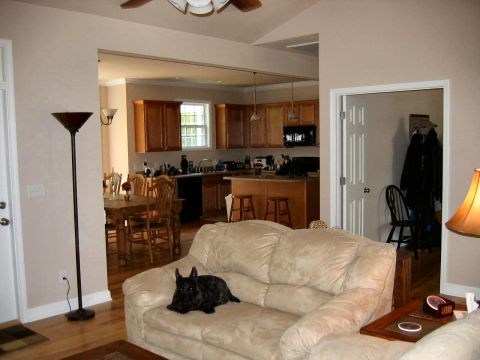 1985 Ford Crown Victoria LTD - Living room (with Maxwell snoozing) facing kitchen and dining room.