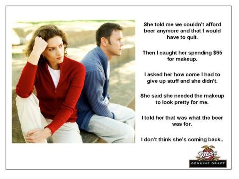1988 Ford Bronco - A couple sits with their backs to each other, accompanied by a humorous anecdote about beer, makeup, and relationship troubles.