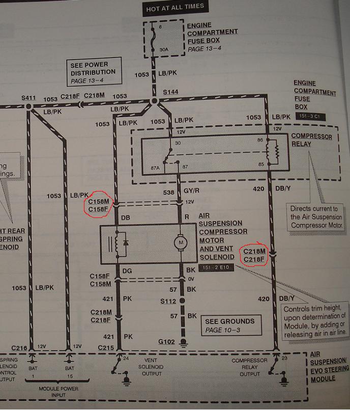 Wiring diagram for air suspension compressor relay with connectors and wire color codes