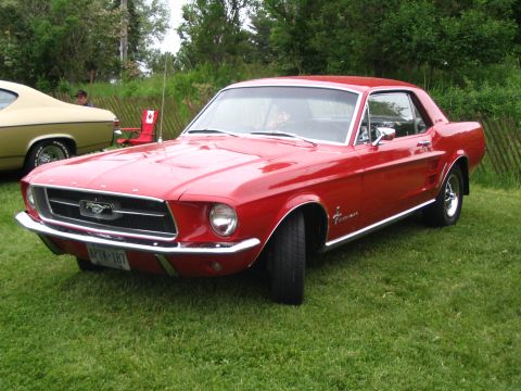 1993 Ford Taurus - A classic red Ford Mustang coupe is displayed on a grassy field next to another vehicle.