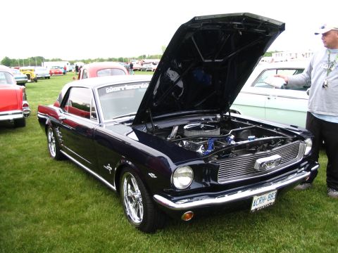 1993 Ford Taurus - A dark blue 1965 Ford Mustang is displayed with its hood open at an outdoor car show event.