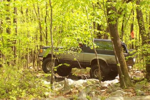1991 Ford Bronco - A two-tone Ford Bronco navigates a rocky, wooded trail.
