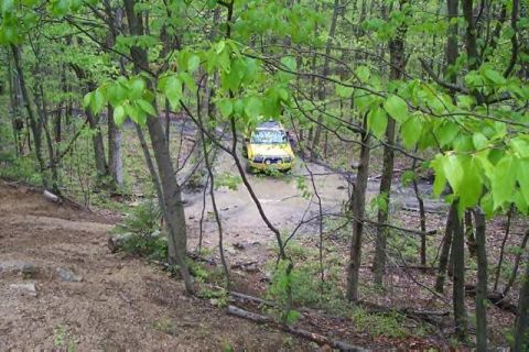 1991 Ford Bronco - A yellow SUV navigates a muddy path surrounded by dense green foliage.