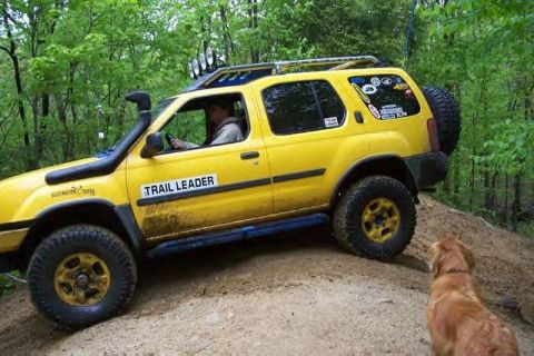 1991 Ford Bronco - A yellow SUV navigates a dirt path in a wooded area, with a dog watching nearby.