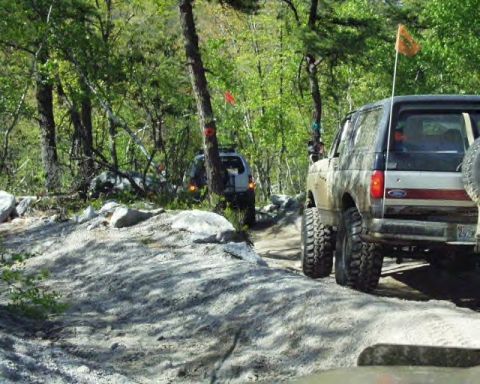 1991 Ford Bronco - Two Ford Broncos navigate a rocky, wooded trail, kicking up dust as they go.