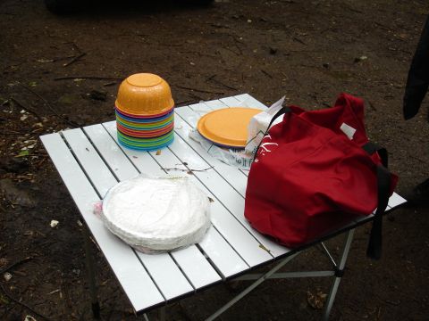1996 Ford Bronco - Outdoor table set up with camping dishes and a red tote bag.