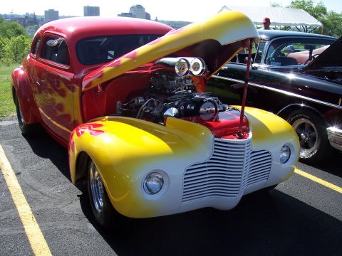 1972 Ford Ranchero - Custom hot rod with hood open, parked next to another vehicle.