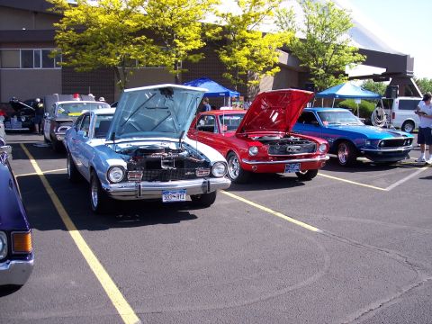 1972 Ford Ranchero - Several classic cars are parked in a lot with their hoods up, displaying their engines on a sunny day.
