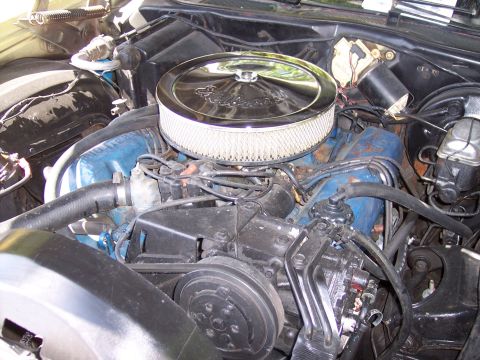 1972 Ford Ranchero - The engine bay of a 1972 Ford Ranchero shows blue valve covers and a chrome air cleaner assembly.