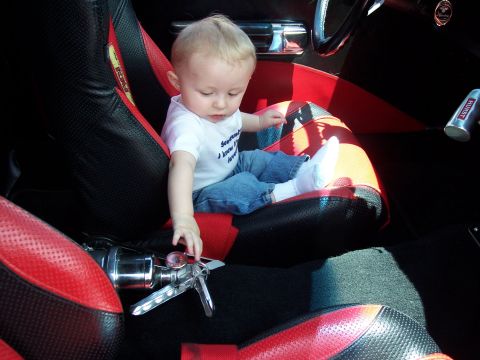 1972 Ford Ranchero - Baby in custom racing seats with a Hurst shifter visible.