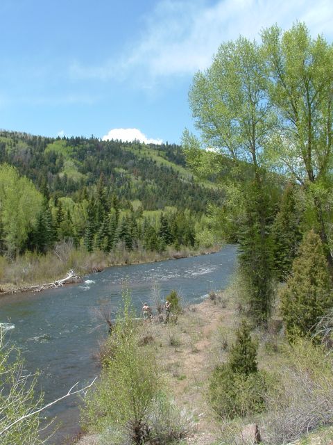 2007 Kawasaki Ninja - Anglers cast lines into a flowing river bordered by lush green trees and hills under a partly cloudy sky.