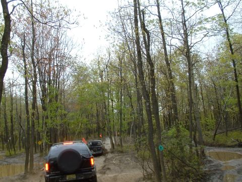 1991 Ford Bronco - Two SUVs navigate a muddy off-road trail surrounded by dense woodland.