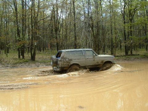 1991 Ford Bronco - A muddy 1987 Ford Bronco navigates a water obstacle in a forest setting.