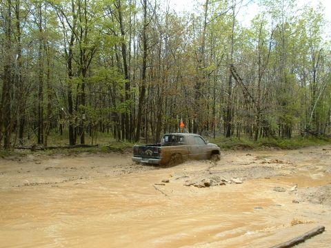 1991 Ford Bronco - A truck is deeply stuck in a muddy trail surrounded by trees.