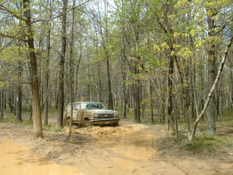 1991 Ford Bronco - A muddy 1992 Ford Bronco navigates a wooded trail, kicking up dirt and water.