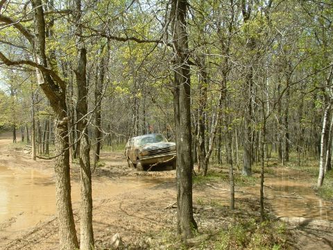 1991 Ford Bronco - A muddy 1987 Ford Bronco navigates a challenging off-road course in a wooded environment.