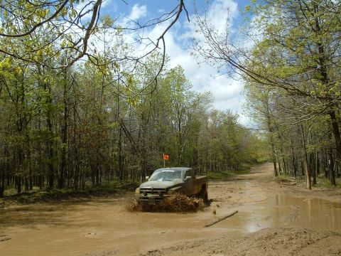 1991 Ford Bronco - A truck navigates a challenging muddy path surrounded by a dense forest.