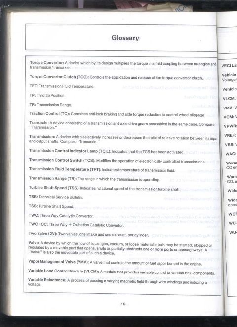 1979 Ford Bronco - Service-manual glossary page defining automatic-transmission and electronic-control terms: torque converter, TCC, TFT, TP, TR, traction con…