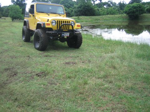 2001 Jeep Wrangler - A yellow 2001 Jeep Wrangler is parked on a grassy area next to a body of water.