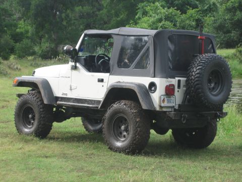 2001 Jeep Wrangler - A white Jeep Wrangler is parked on a grassy area next to a body of water, with trees in the background.