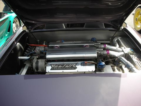 1998 Ford Crown Victoria - Engine bay with custom twin turbo setup and "VECTOR TWINTURBO" branding.