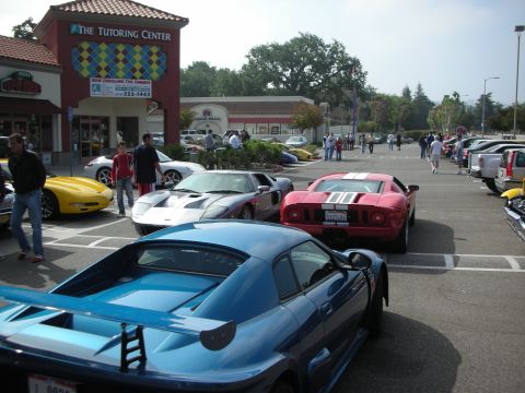 1998 Ford Crown Victoria - A gathering of sports cars, including Ford GT models, is seen in a parking lot on a sunny day.