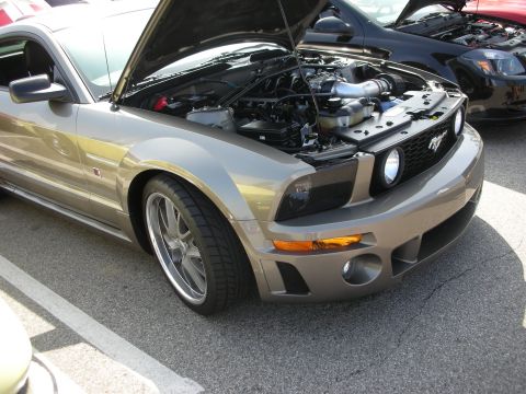 1998 Ford Crown Victoria - A tan Ford Mustang is parked with its hood open, revealing the engine compartment.