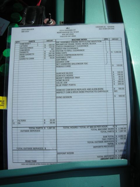 1998 Ford Crown Victoria - Engine-builder invoice and build sheet itemizing parts, machine work and labor for a 426 Hemi engine assembly.