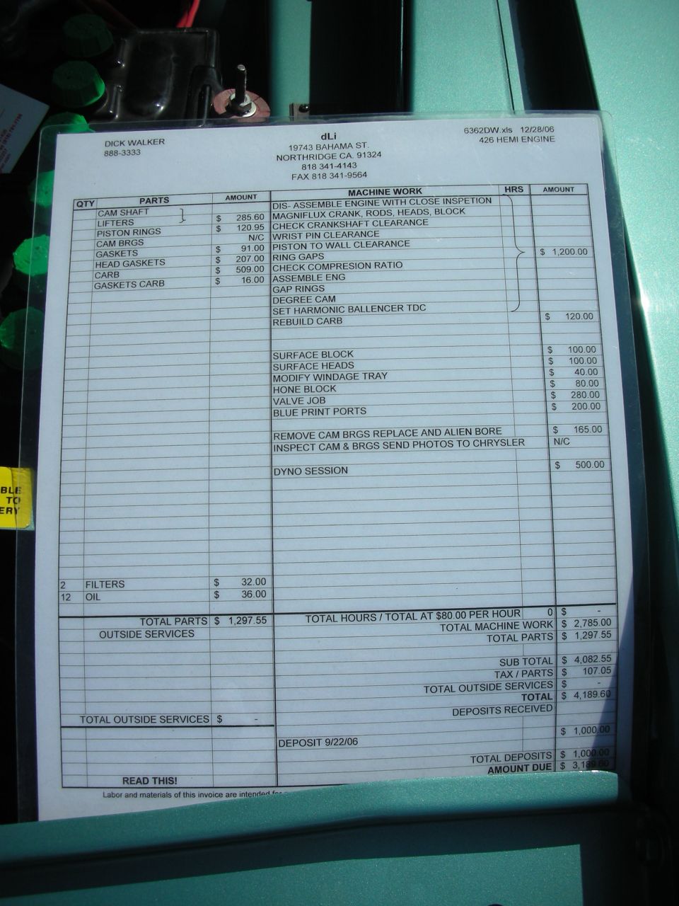 Itemized engine build work order from dLi listing parts, machine work, hours and totals for a 426 Hemi engine