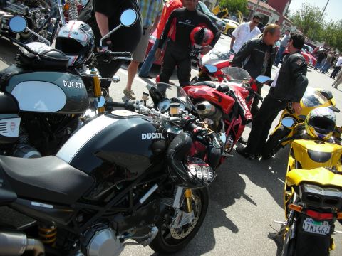 1998 Ford Crown Victoria - Motorcycles gathered for a coffee meet, with several Ducati models visible.