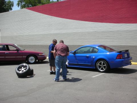 1998 Ford Crown Victoria - A blue Ford Mustang coupe is parked next to a maroon sedan, with two men standing between them.