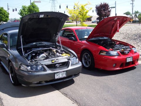 1972 Ford Ranchero - Two Ford Mustangs are parked side-by-side with their hoods raised, revealing their engines.