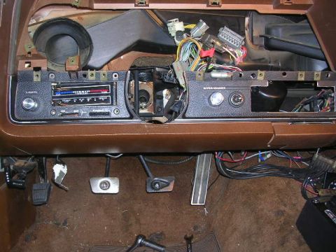 1975 Ford Ranchero - Dashboard wiring and radio removed from a 1975 Ford Ranchero interior.